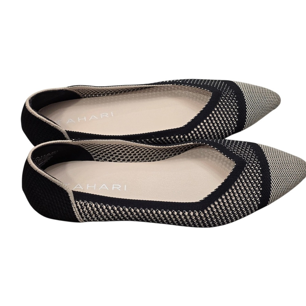 Tahari Antigua Pointed Toe Knit Ballet Flats Black Ivory Sz 8 Quiet Luxury Chic